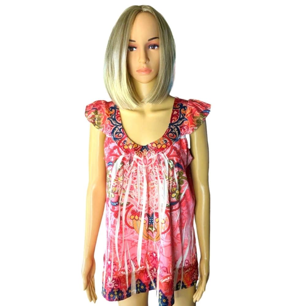 "b. friends" light flowing   floral pleated Top/blouse w/decorative neckline. Lg
